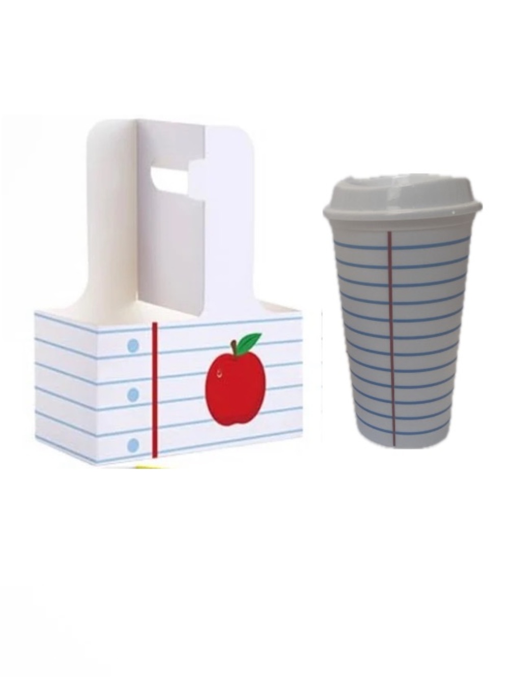 Teacher Gift - Notebook Paper Design Drink Carrier With Reusable Plastic Cup NEW
